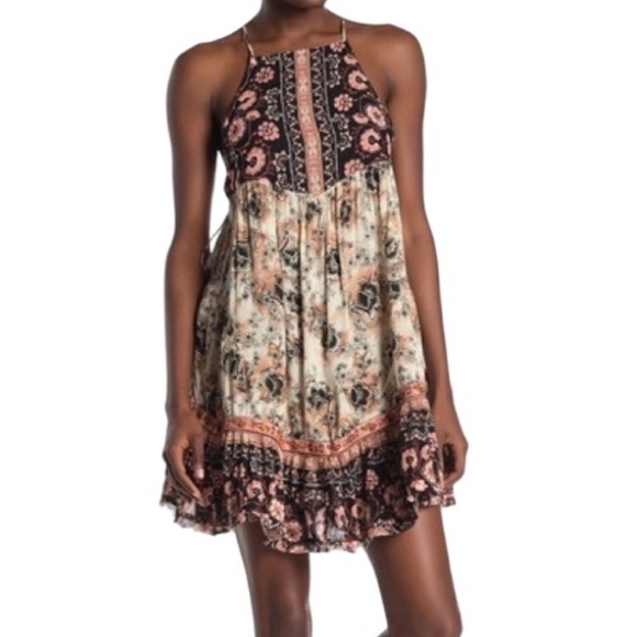 [S]Free People Casablanca White Pink Black Floral Print Tassel Tie Slip Dress - Picture 3 of 11
